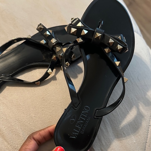 Valentino Garavani Black and Gold Studded Sandals - Picture 1 of 4